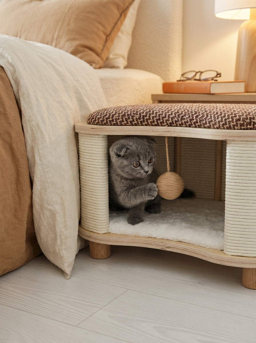 Un chat installé dans son meuble, une patte levée vers la balle