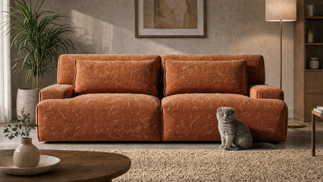 Un salon habité, le chat assis près du canapé