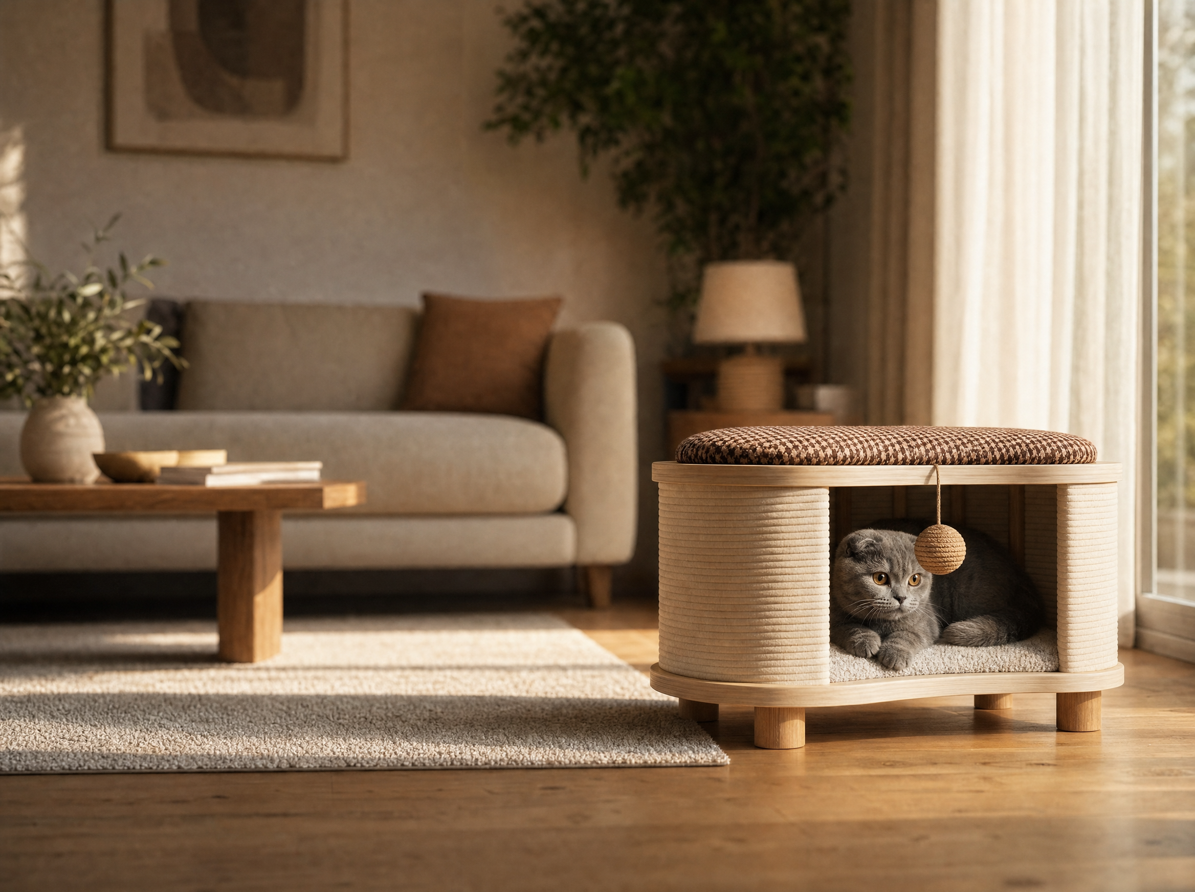 Le salon en entier, le chat installé dans le meuble, près de la fenêtre