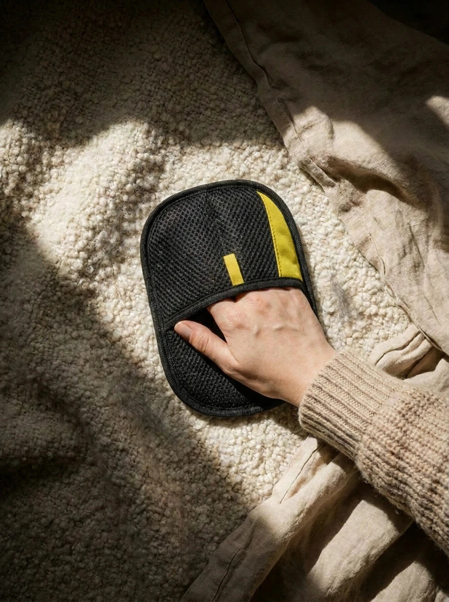 Main utilisant le gant anti-poils NIMBLI sur un textile beige